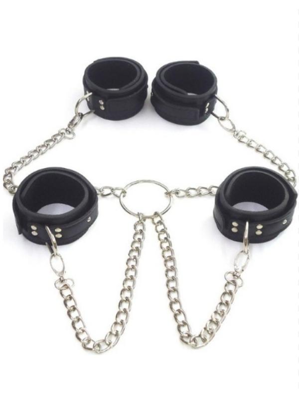 Siyah Deri El Ayak Kelepçesi Metal Zincir Bağlantılı