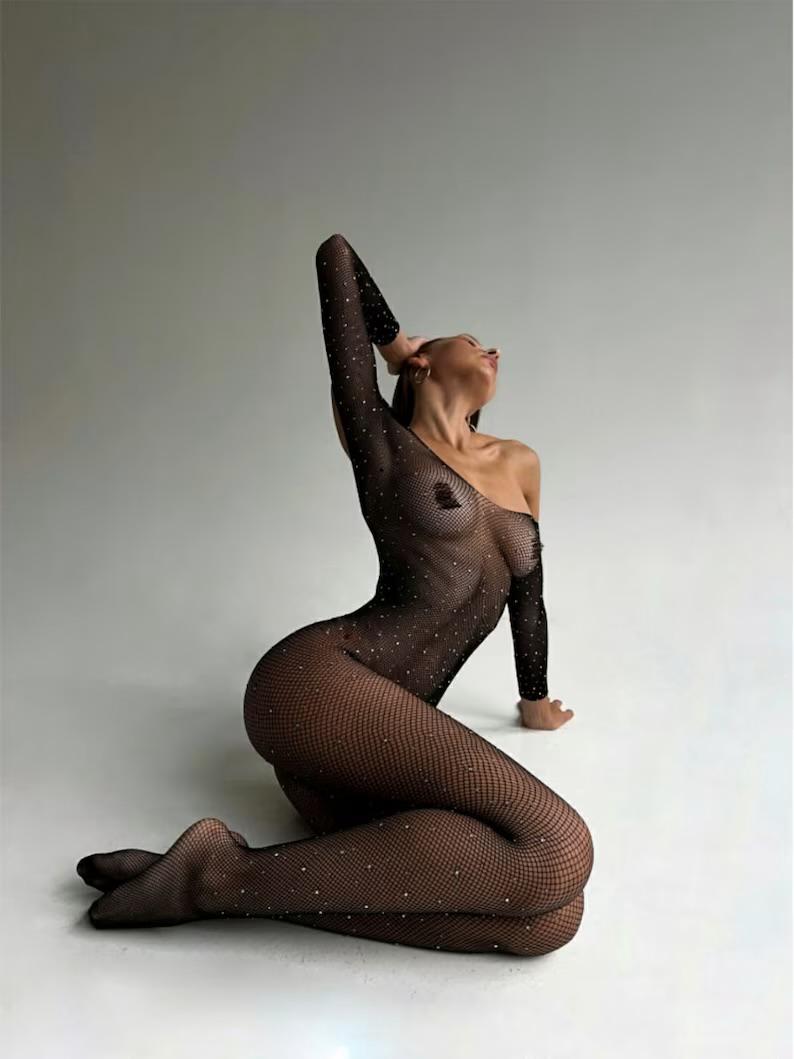 Baştan Çıkarıcı Parlak Dantel Transparan Vücut Çorabı