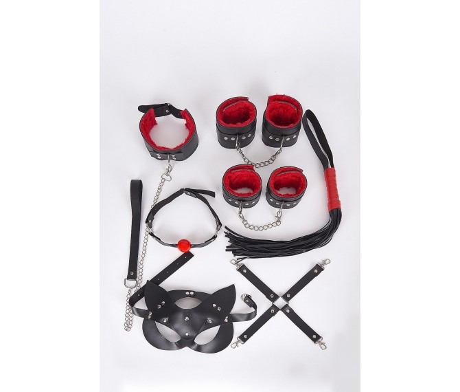 Siyah Kırmızı Fantezi Kelepçe Kırbaç Seti 7'Li